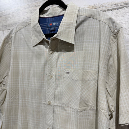 COVA Short Sleeve Button Up Shirt Mens XL Tan Plaid Tencel Cotton EUC1
