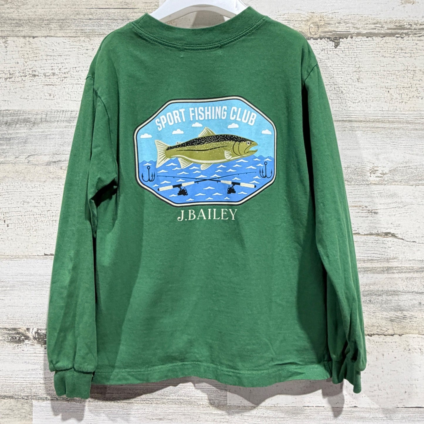 J. Bailey T-Shirt Boys 7 Green Sport Fishing Club Trout Graphic Outdoors EUC3
