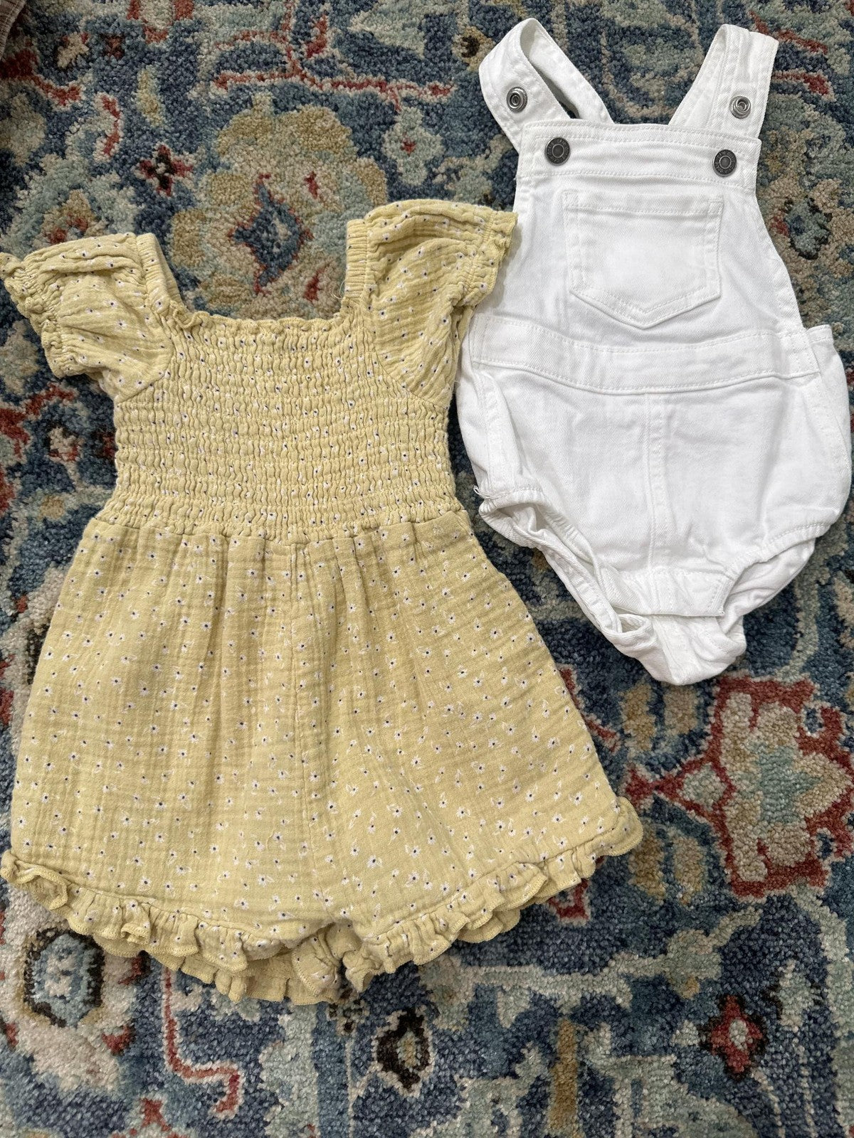 Baby Girl Romper Bundle Size 9-12m Yellow Floral White Denim Overalls EUC0