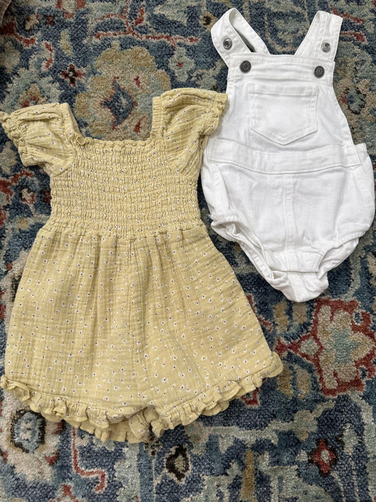 Baby Girl Romper Bundle Size 9-12m Yellow Floral White Denim Overalls EUC0