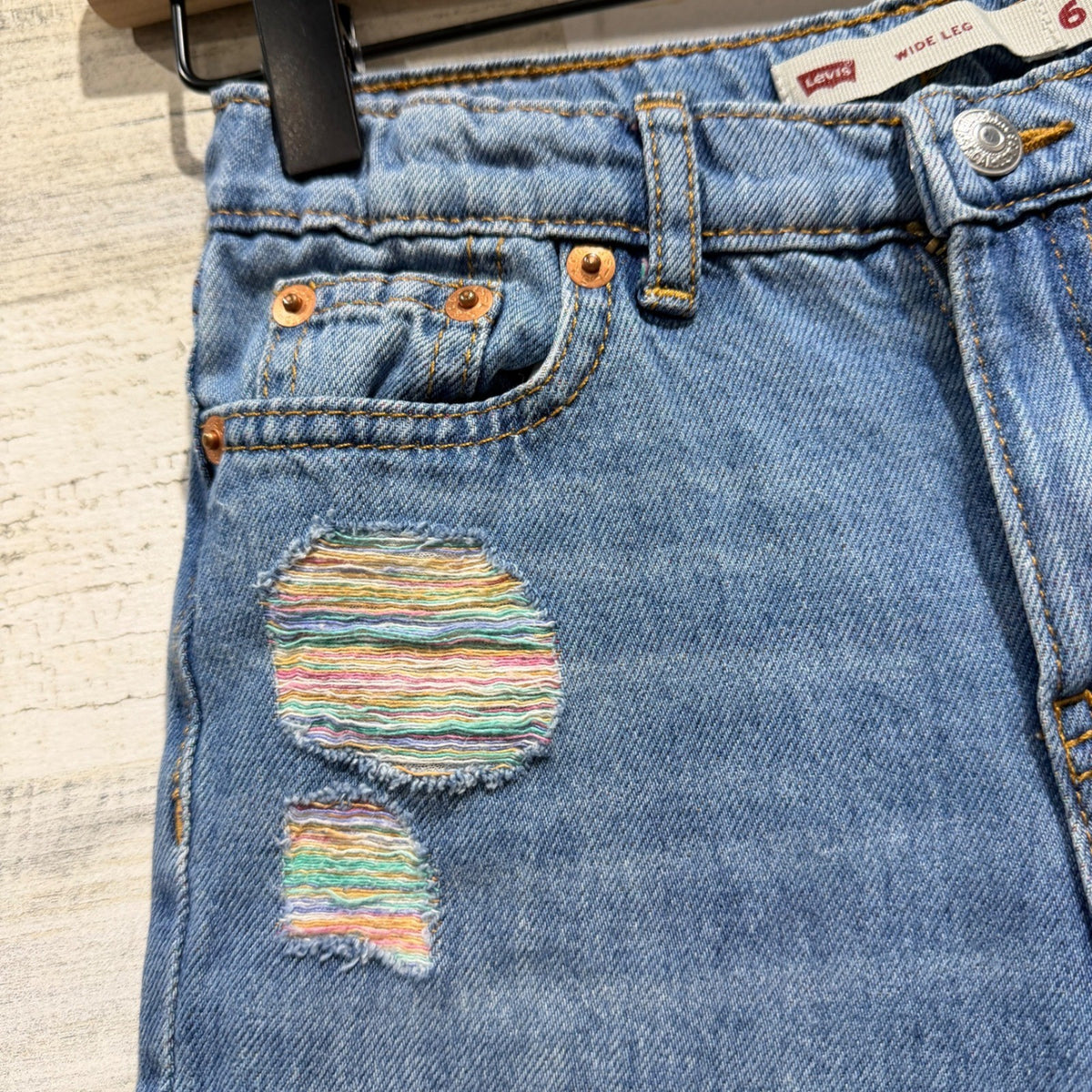 Levi Wide Leg Jeans Girls Size 6 Blue 100% Cotton Distressed Rainbow Boho 90s2