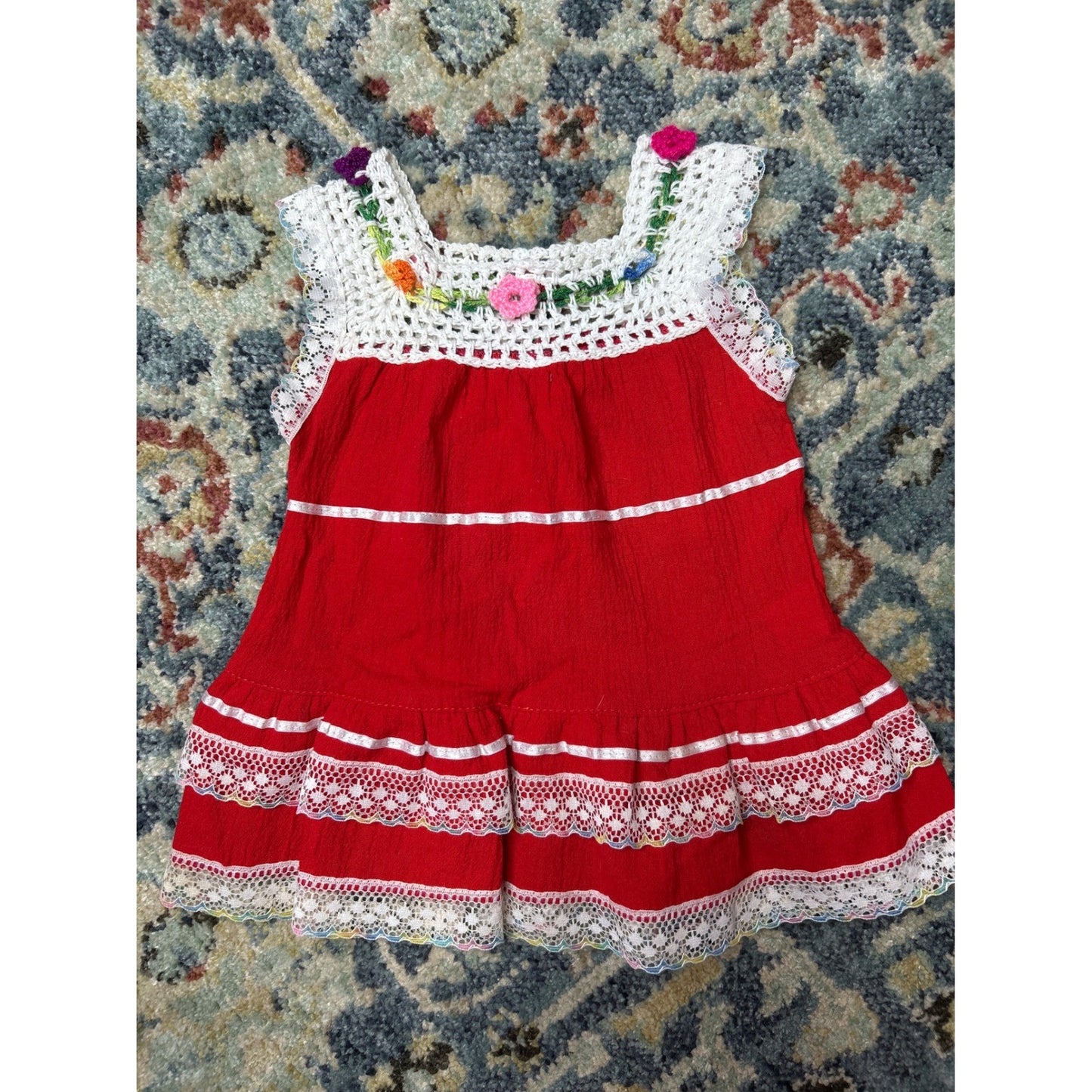 Baby Mexican Embroidered Dress Infant 0 (Fits 0-12m) Red Floral Crochet Lace EUC2