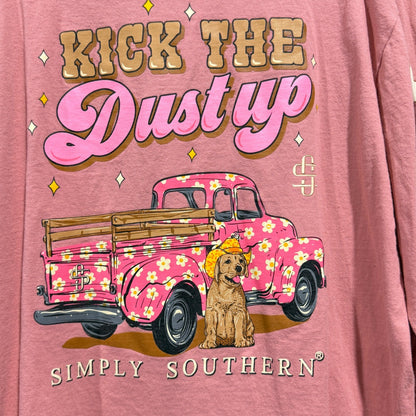Simply Southern Graphic Tee Girls L Pink Kick The Dust Up Western Preppy EUC0