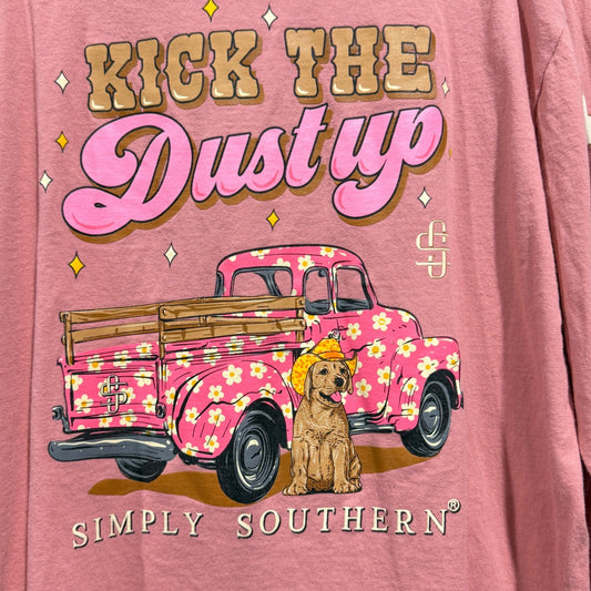 Simply Southern Graphic Tee Girls L Pink Kick The Dust Up Western Preppy EUC0
