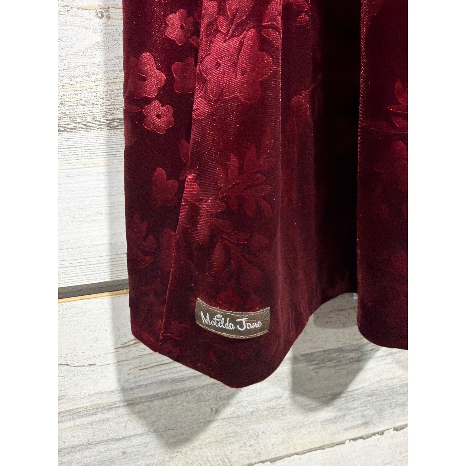 Matilda Jane Dress Girls 8 Burgundy Velvet Floral Burnout Holiday EUC4