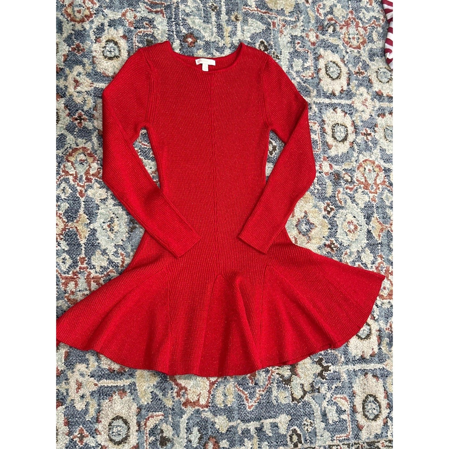 GB Sweater Dress Girls L 12/14 Red Sparkle Metallic Ribbed Skater EUC1