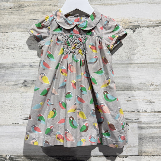 Baby Boden Bird Print Dress Girls 6-12M Grey Smocked Whimsical Cottagecore EUC0