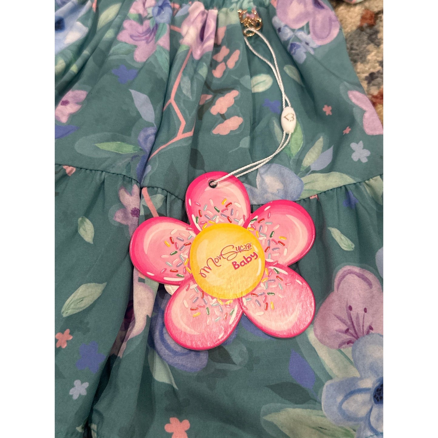 Mon Sucre Floral Dress Set Baby 6-9M Teal Smocked Flutter Sleeve NWT1