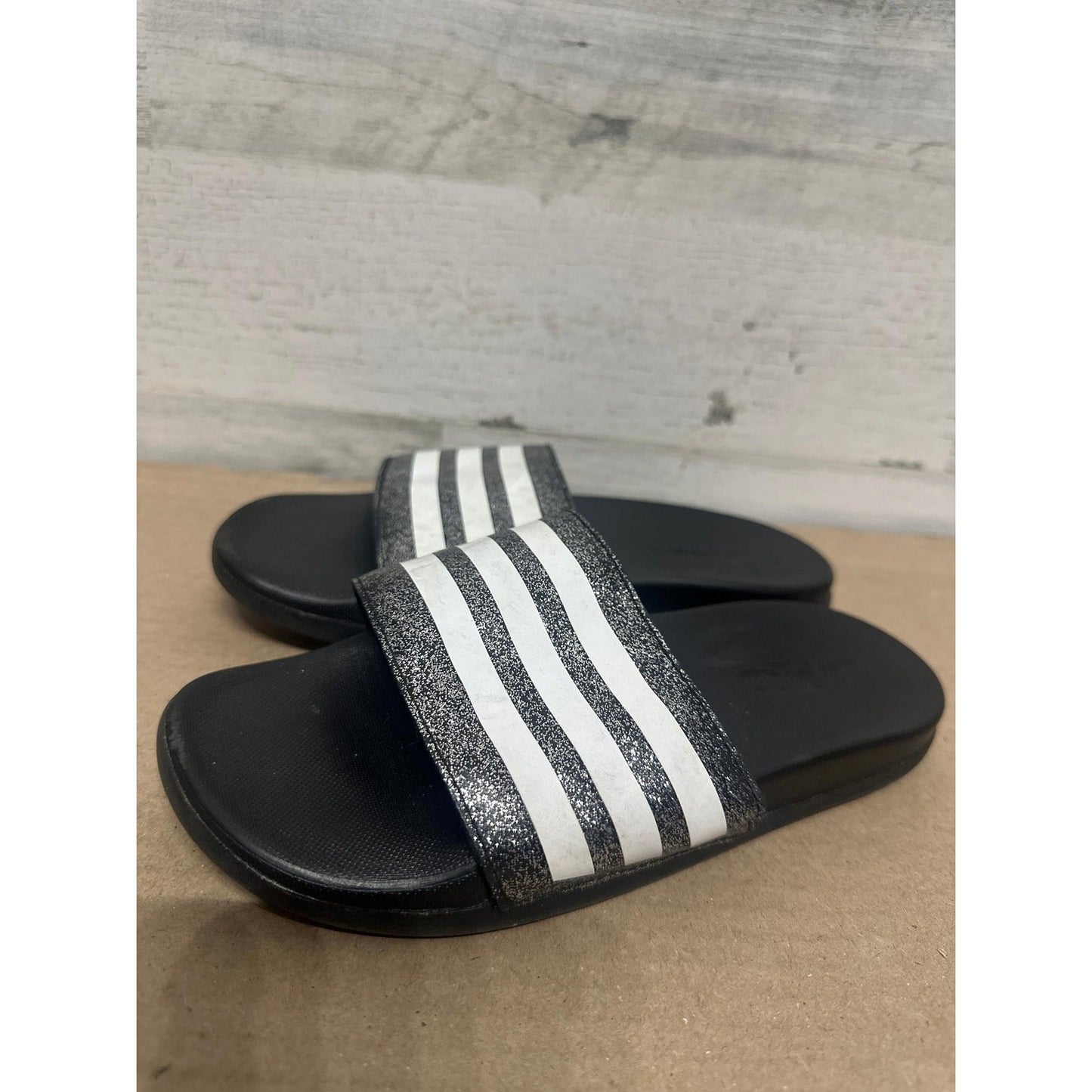 Adidas Slides Girls Size 2 Black Silver Glitter 3-Stripes1