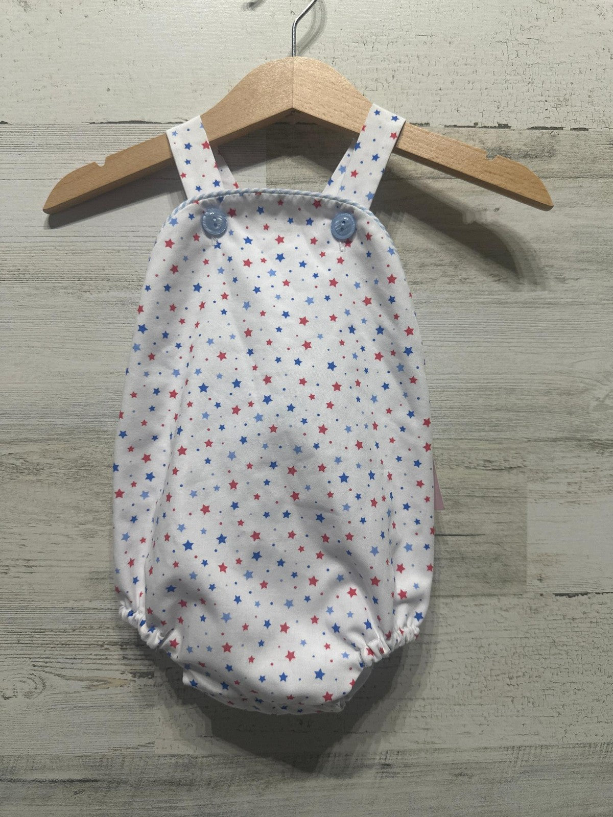 James & Lottie Sunsuit Romper Kids 3M White Red Blue Patriotic Star Print NWT0