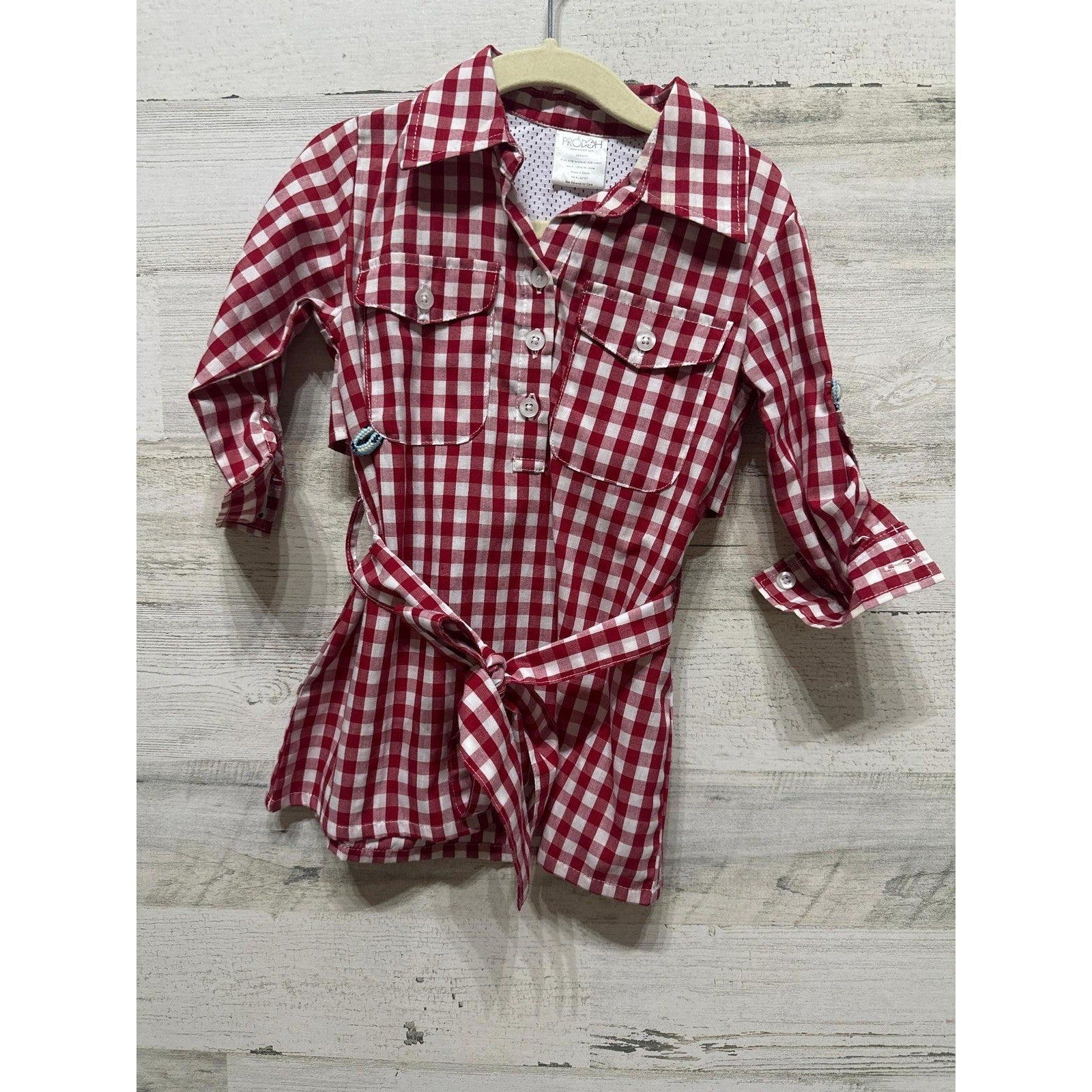 Prodoh Fishing Dress Girls 12M Red Plaid Gingham Belted Outdoor Flawed*0