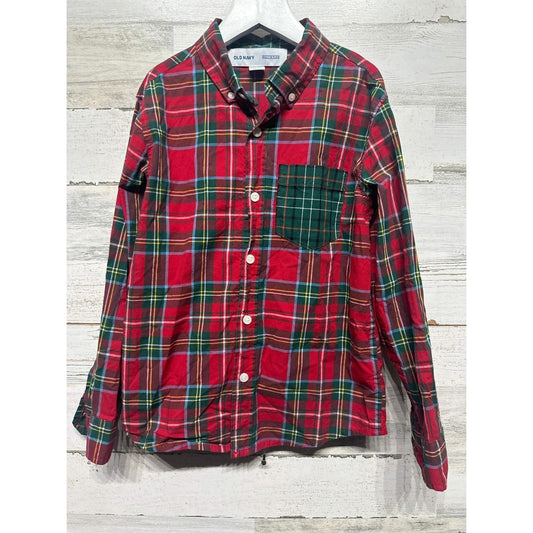 Old Navy Button Up Shirt Boys Size M 8 Red Holiday Plaid Built-in Flex EUC0