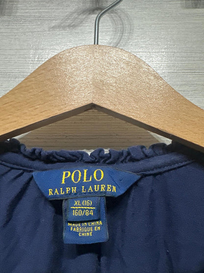 Polo Ralph Lauren Button Down Girls XL 16 Navy Blue Ruffle Trim Top EUC1