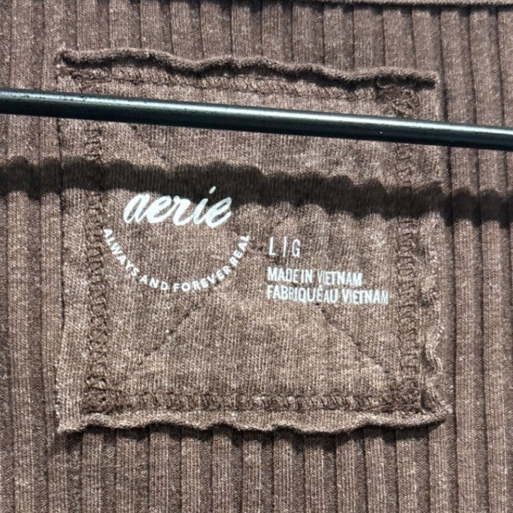 Aerie Henley Shirt Women Large Brown Long Sleeve Ribbed Scoop Neck2