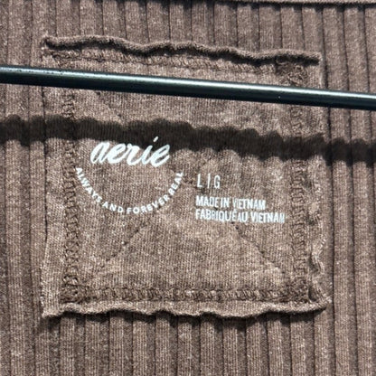 Aerie Henley Shirt Women Large Brown Long Sleeve Ribbed Scoop Neck2