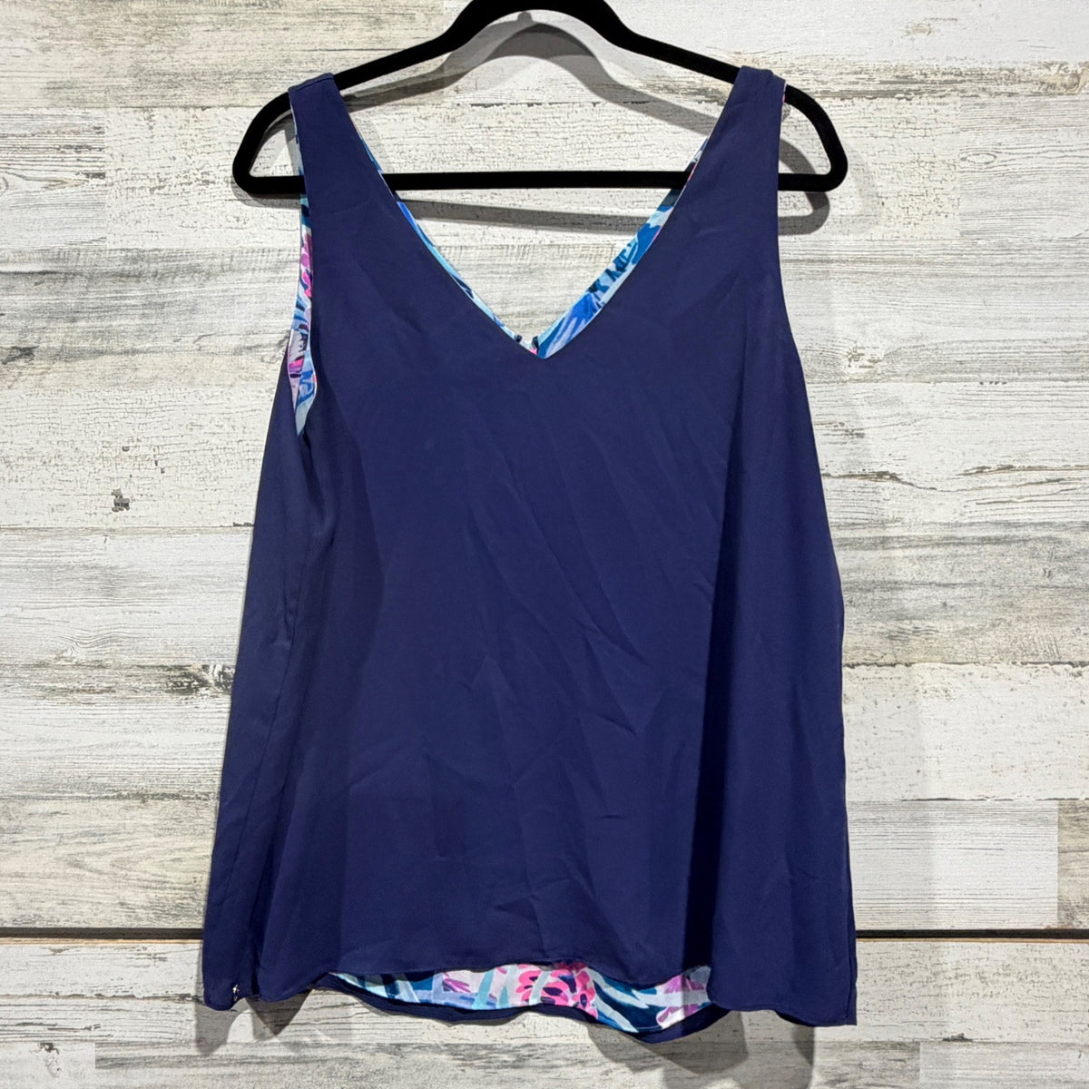 Lilly Pulitzer Florin Reversible Tank Top Women L Blue Tropical Floral Poly 20198