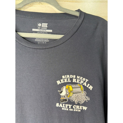 Salty Crew Graphic T-Shirt Men 2XL Navy Birds Nest Reel Repair Fishing EUC2