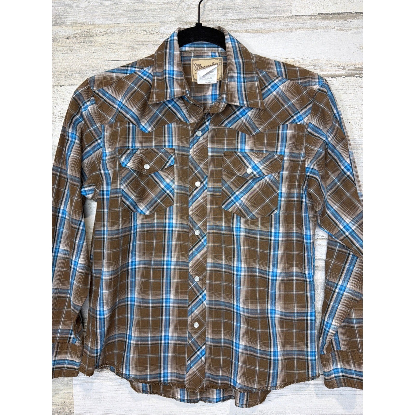 Wrangler Pearl Snap Shirt Boys Large Brown Blue Plaid Western Cowboy *Flawed*0