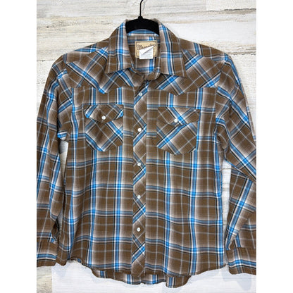 Wrangler Pearl Snap Shirt Boys Large Brown Blue Plaid Western Cowboy *Flawed*0