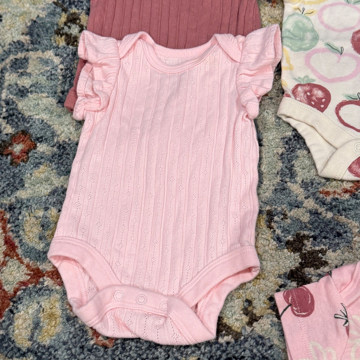 Member's Mark Bodysuit 4pk Girls NB Pink Fruit Ruffle Organic Cotton EUC3