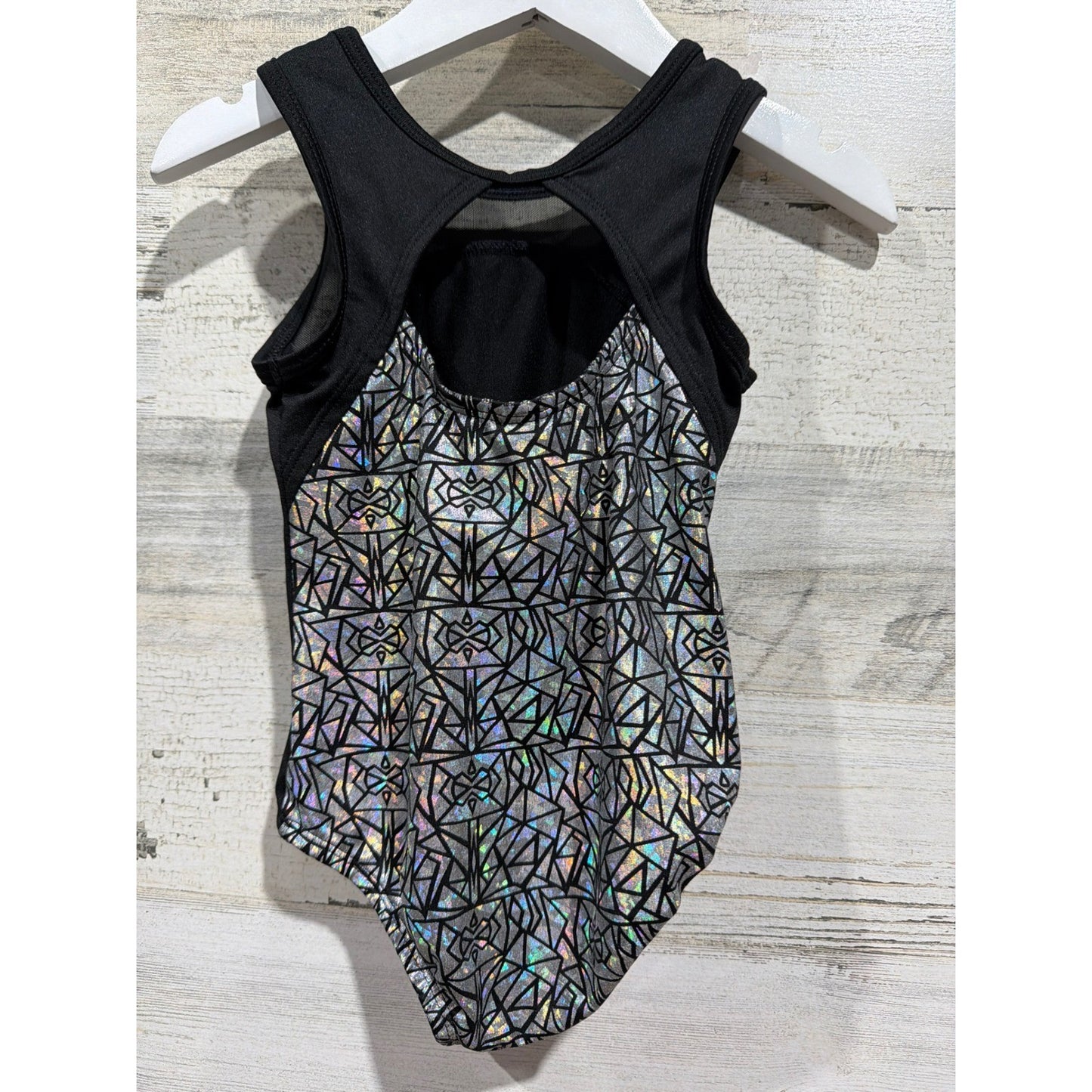 Leotard Girls 3T Black Silver Holographic Geometric Dance Gymnastics1
