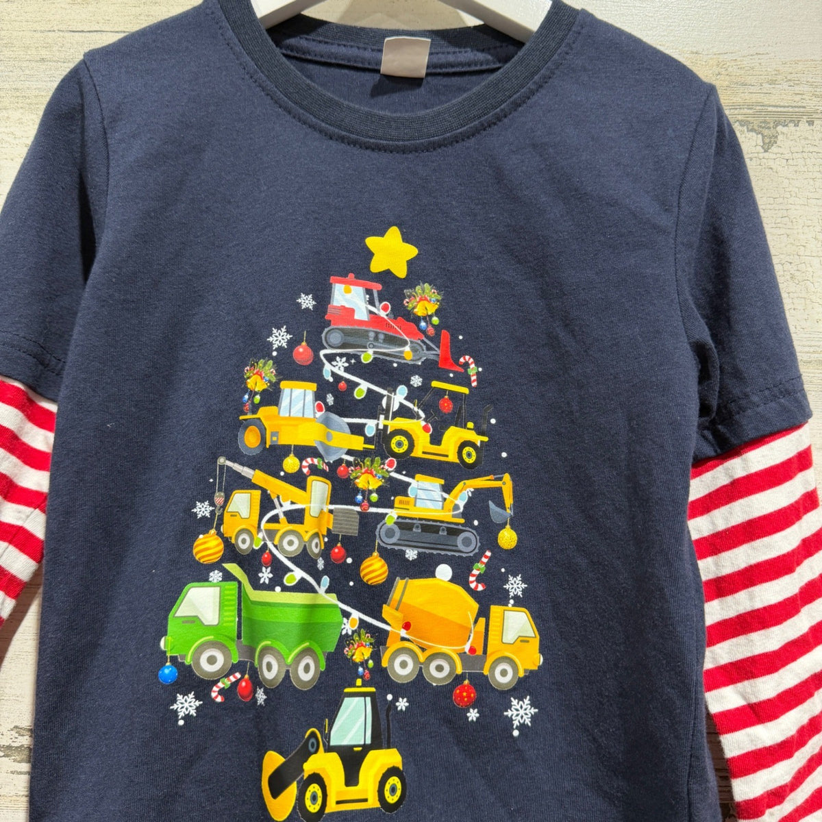 Construction Christmas Tree Shirt Boys 4T Navy Striped Holiday EUC1