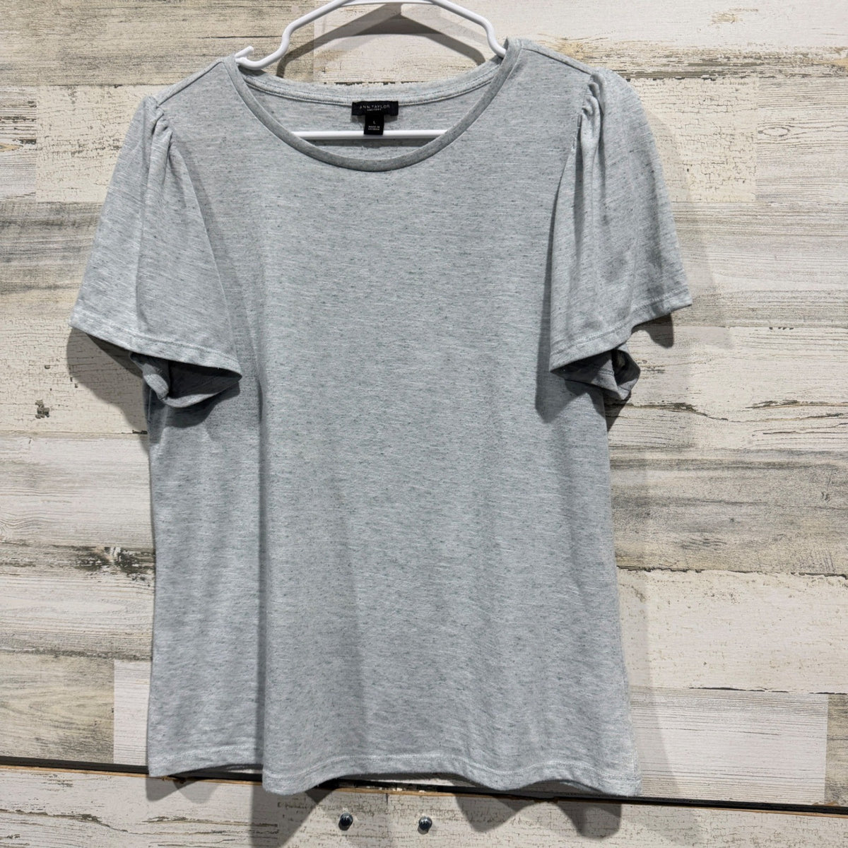 Ann Taylor Factory Puff Sleeve Top Women Large Gray Linen Blend Casual0