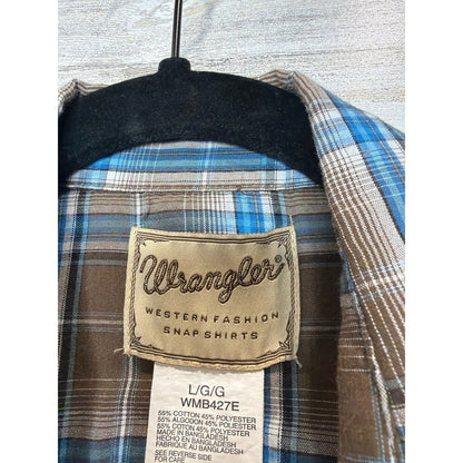 Wrangler Pearl Snap Shirt Boys Large Brown Blue Plaid Western Cowboy *Flawed*1