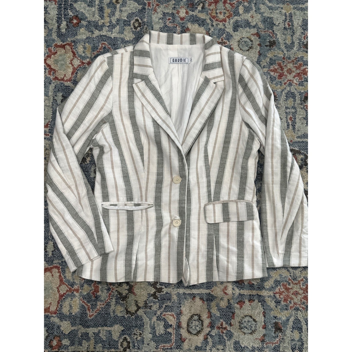 Gaudie Striped Blazer Women Large White Grey Tan Coastal Interview Two Button0