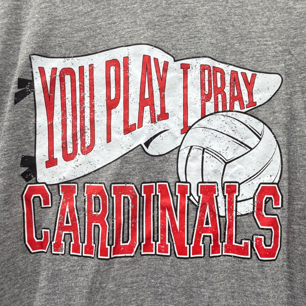 You Play I Pray Cardinals Volleyball T-Shirt Women Medium Gray Tri-Blend Flawed*1