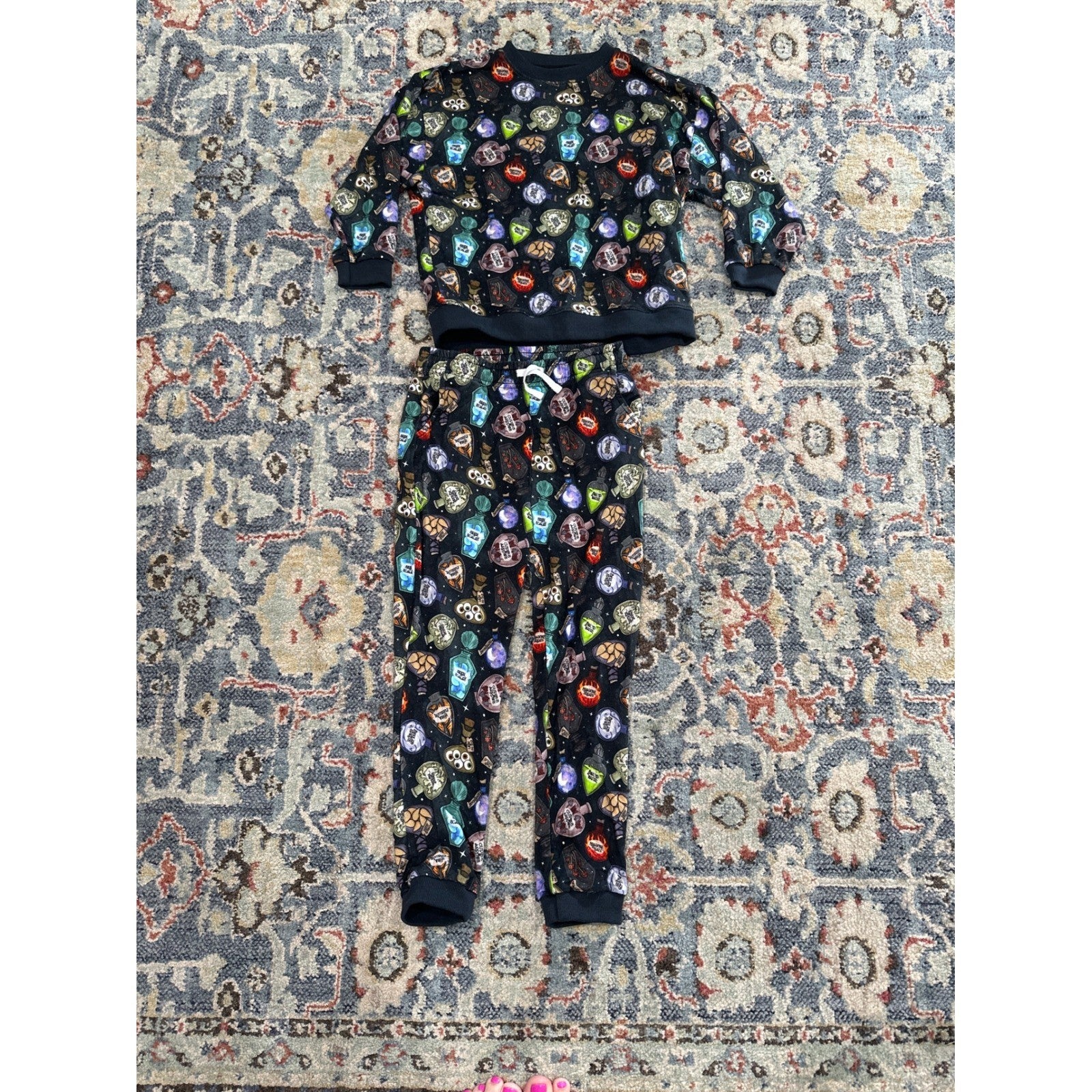 Little Bird Bamboo Pajama Set Kids 9/10 Black Potion Bottle Print EUC3