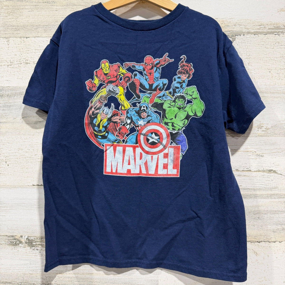 Marvel Graphic T-Shirt Boys Small Navy Blue Avengers Superhero Comic GUC0
