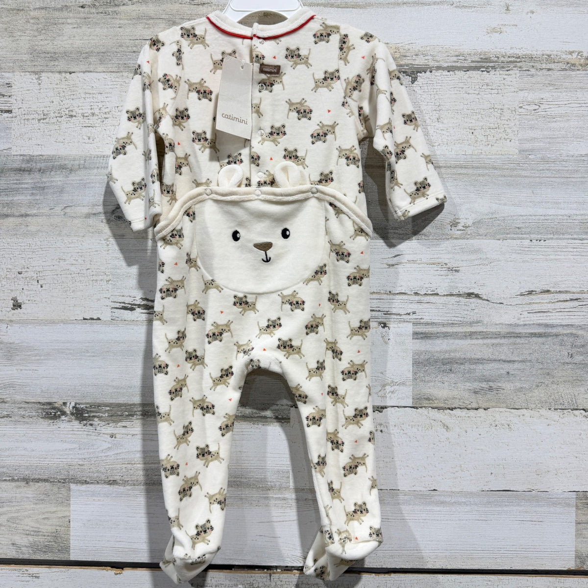 Catimini Footed Sleeper Baby 9M Ivory Leopard Print Bear Back NWT4