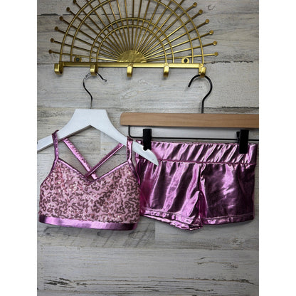 IEFIEL Dance Set Girls Size 6 Pink Sequin Metallic Performance Barbiecore EUC0