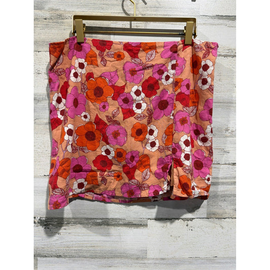 Urban Outfitters Mini Skirt Women Large Pink Orange Floral Retro Side Slit EUC0