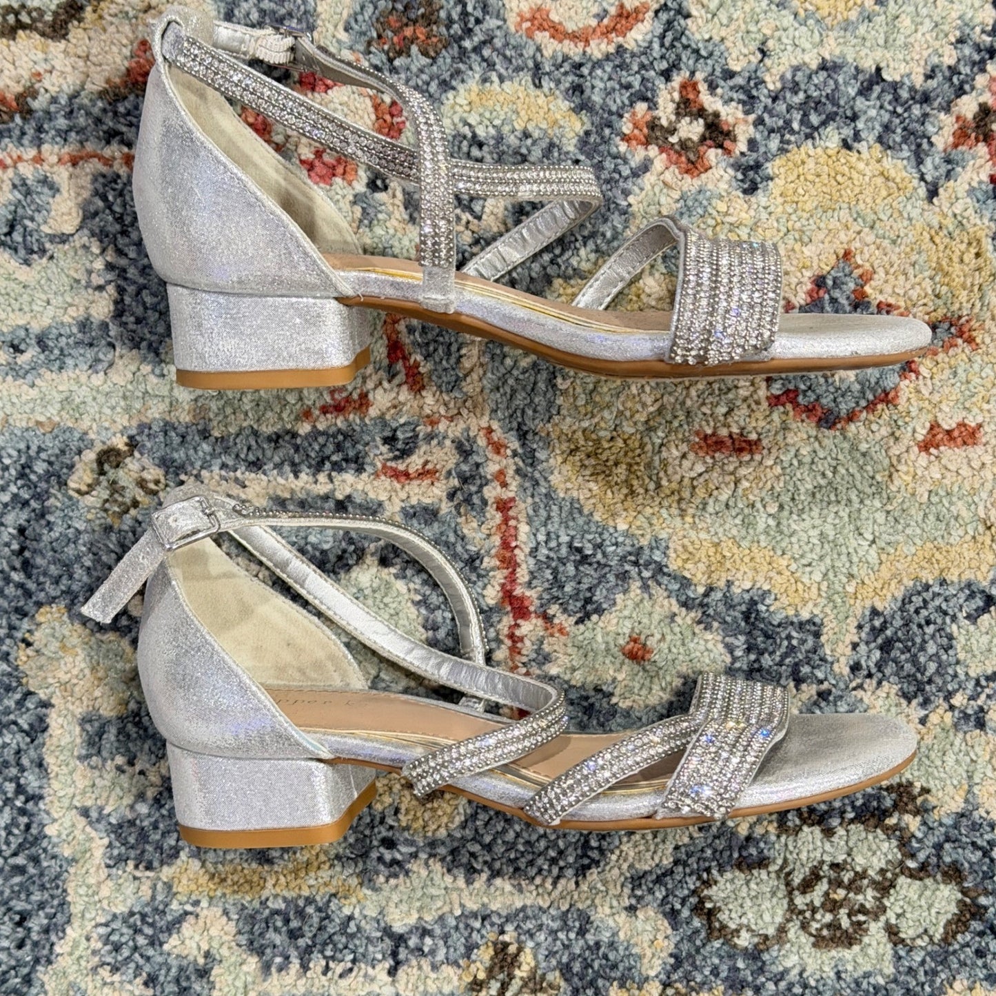 Copper Key Rhinestone Dress Sandals Girls 1 Silver Glitter Block Heel Glam GUC2