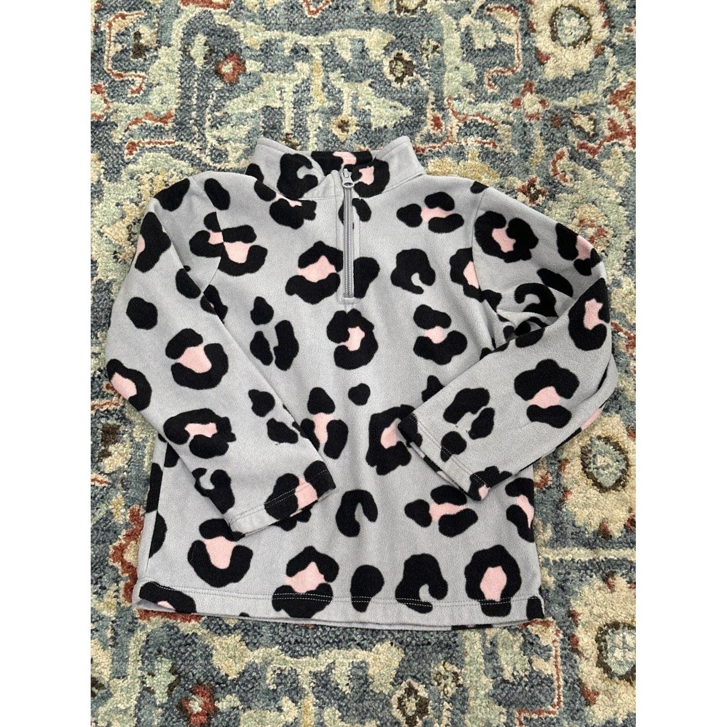 The Childrens Place Fleece Pullover Girls 5T Grey Pink Leopard Quarter Zip EUC0