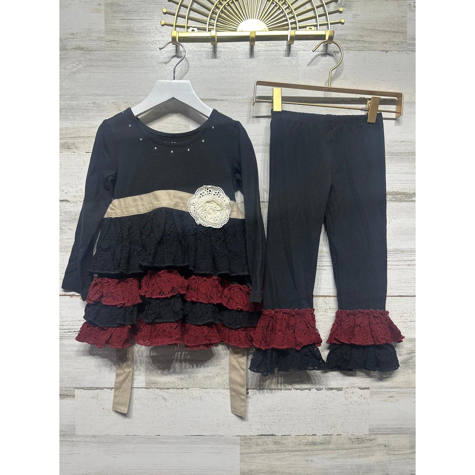 Mustard Pie Tunic Legging Set Girls 2T Black Burgundy Lace Ruffle NWOT0