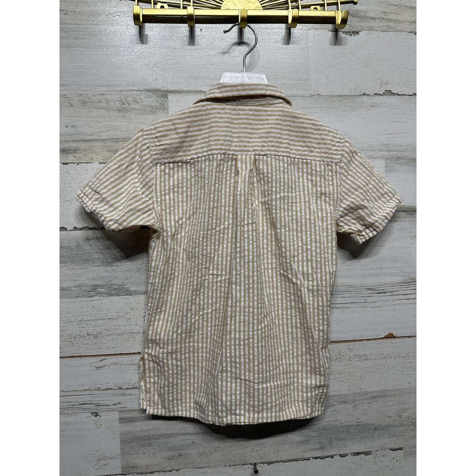 Vatpave Button Down Shirt Boys Size 6 Tan White Striped Short Sleeve EUC2