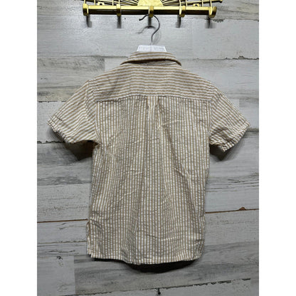 Vatpave Button Down Shirt Boys Size 6 Tan White Striped Short Sleeve EUC2