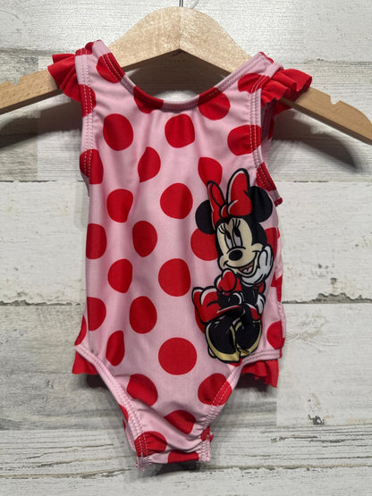 Disney Swimsuit Girls 3M Pink Red Polka Dot Minnie Mouse Ruffle EUC0
