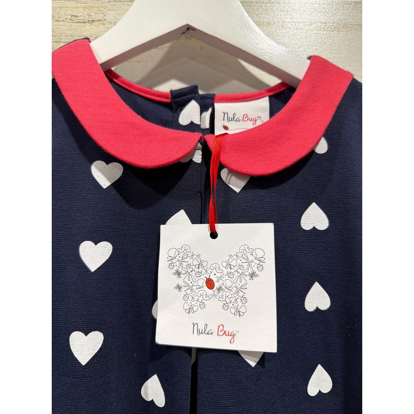 Nula Bug Heart Print Dress Girls 7 Navy Blue Peter Pan Collar Preppy NWT1