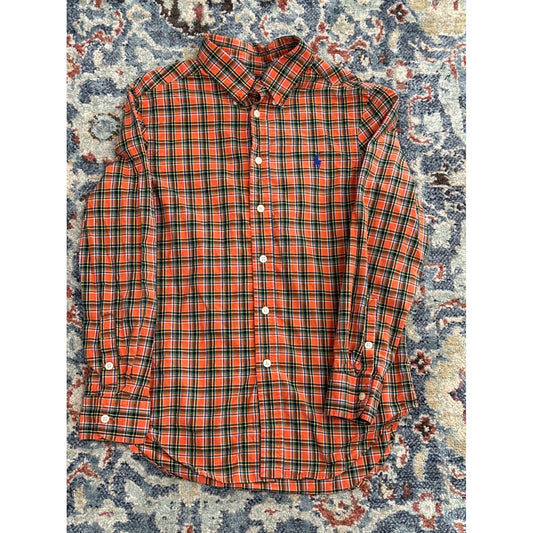 Ralph Lauren Plaid Button Down Shirt Kids M 10-12 Orange Green Good Preppy Top0