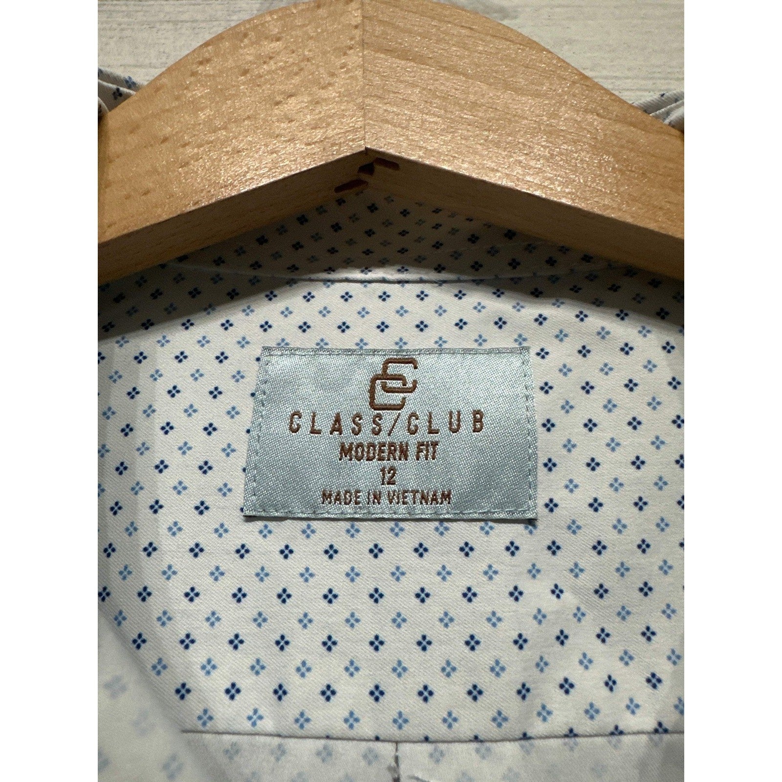 Class Club Button Down Shirt Boys 12 White Blue Micro Print Modern Fit EUC1