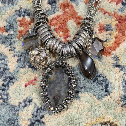 Statement Necklace Women Silver Grey Crystal Layered Edgy EUC0