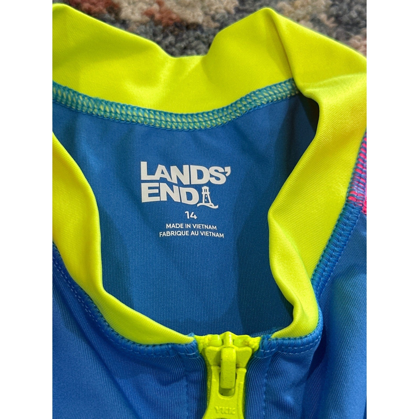 Lands' End Rash Guard Swimsuit Girls 14 Blue Pink Colorblock EUC1