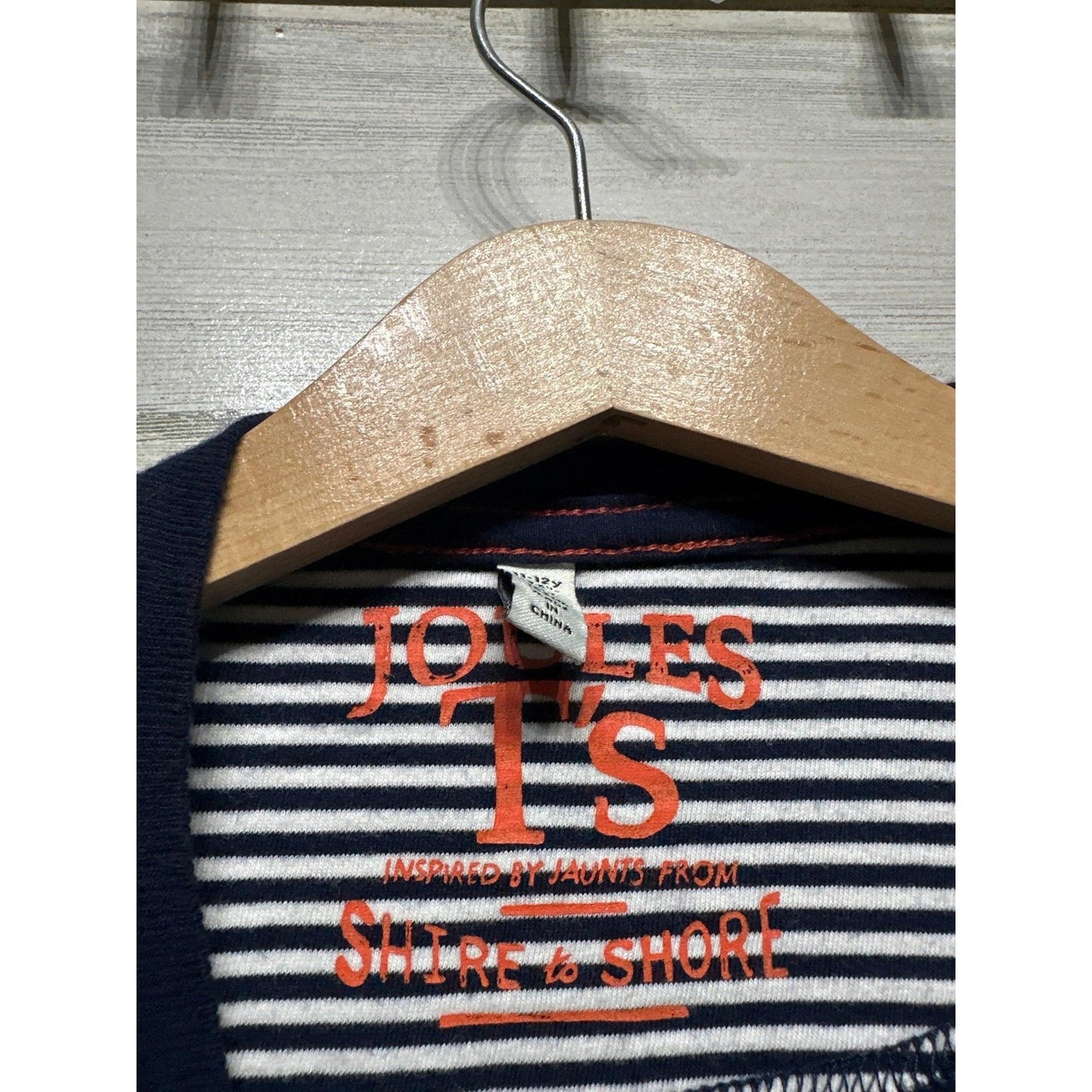 Joules Long Sleeve Shirt Boys 11/12 Navy Striped T-Rex Dirt Bike Graphic EUC1