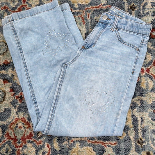 Hippie Girl Wide Leg Jeans Girls 8 Light Wash Rhinestone Heart Denim *Flawed0