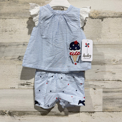 Baby Starters Shorts Set Girls 3M Blue Seersucker Ice Cream Americana NWT0