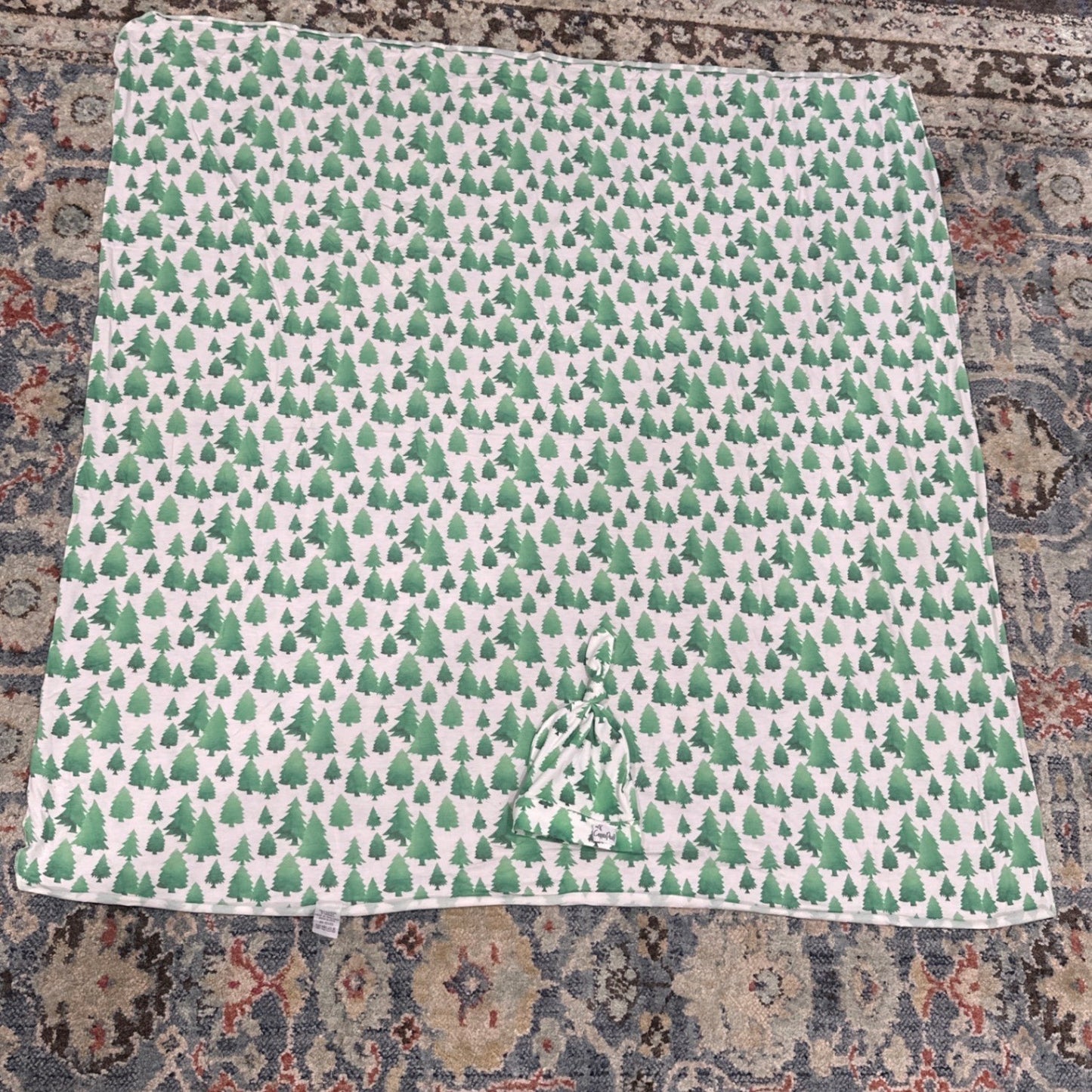 Copper Pearl Swaddle Blanket Hat Set Baby Green Pine Tree Print2
